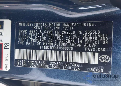 2015 Toyota Camry Xse V6 из США, поврежденный, VIN 4T1BK1FK4FU560070